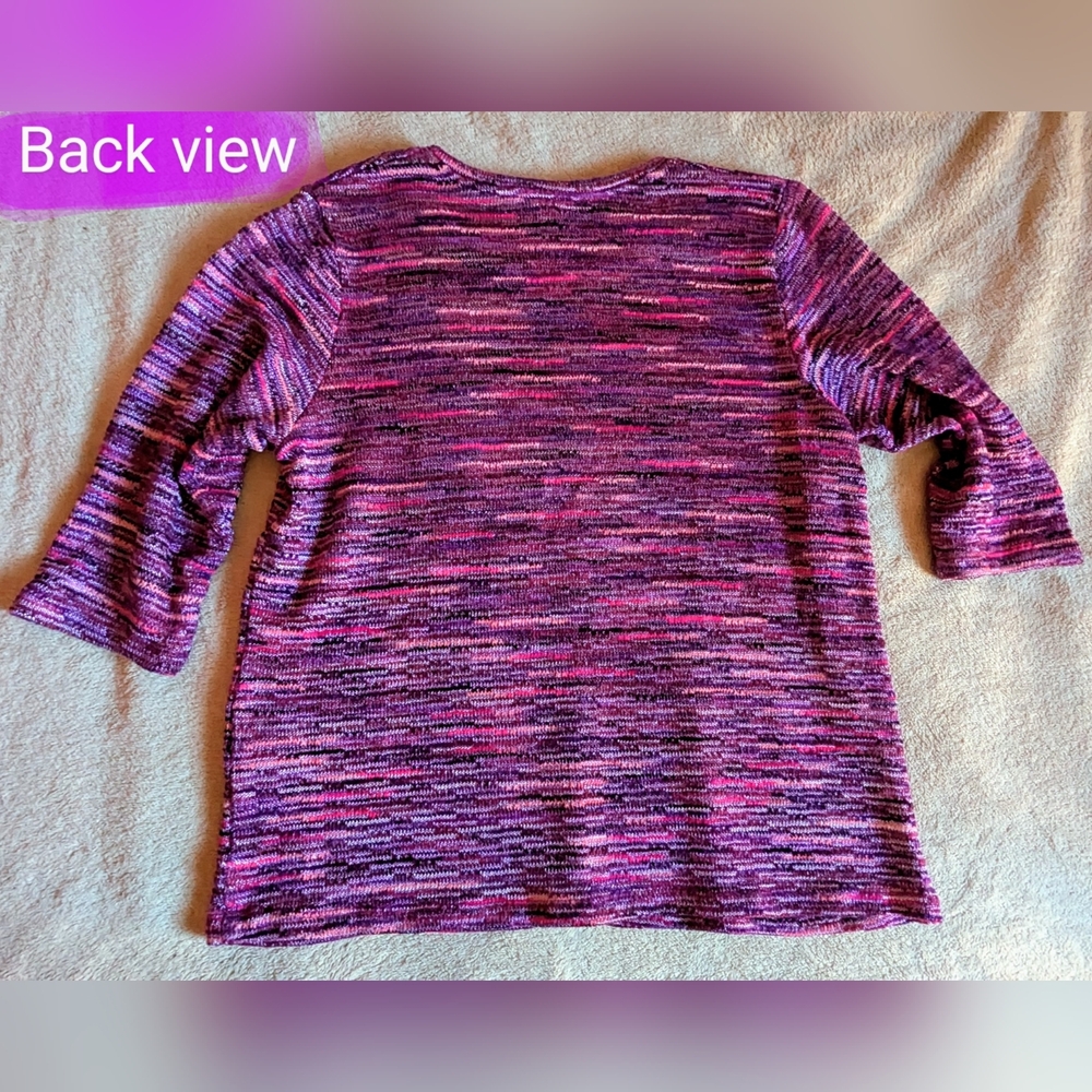 Alia size Med ladies EUC 3/4 Sleeve pullover, purple, pink knitted style pattern - Picture 10 of 11